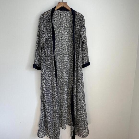 vintage Sweaters - Vintage Women's One Size Blue Geometric Maxi Open Front Long Duster Cardigan